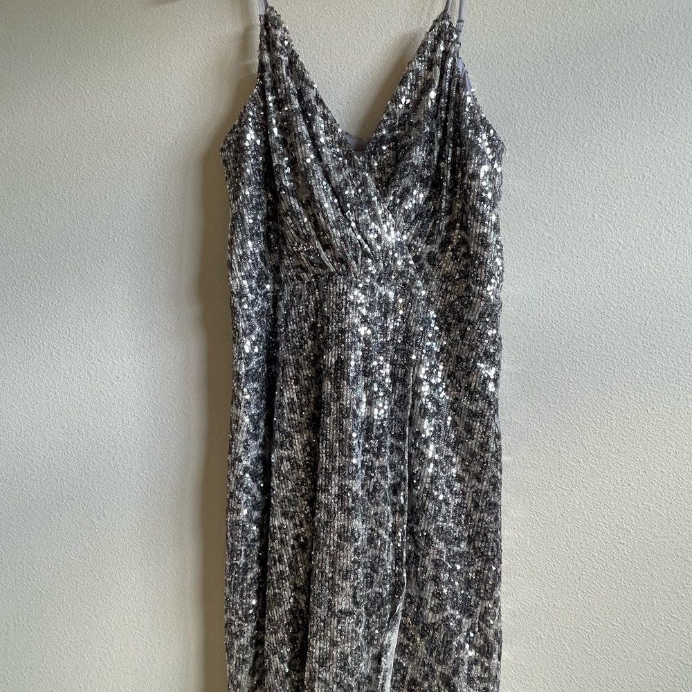 Heartloom Silver Sequin Sundress Sleeveless Plunge